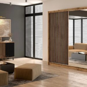 London 203cm mirrored sliding wardrobe in Oak Wotan / Black Matt with slatted door in a living room