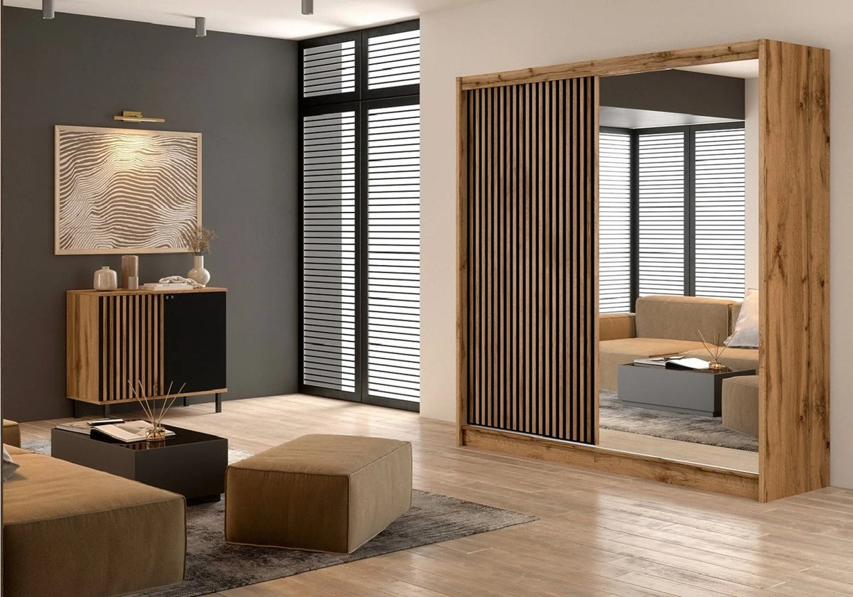 London 203cm mirrored sliding wardrobe in Oak Wotan / Black Matt with slatted door in a living room