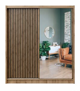 London 203cm sliding wardrobe front in Oak Wotan / Black Matt with a black slatted door and mirror door