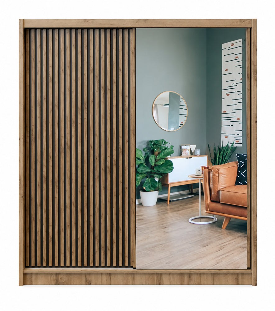 London 203cm sliding wardrobe front in Oak Wotan / Black Matt with a black slatted door and mirror door