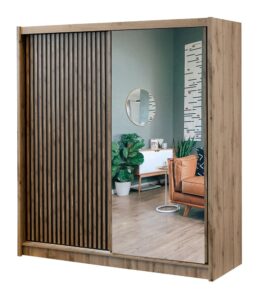 London 203cm Oak Wotan / Black Matt mirrored sliding wardrobe shown from an angle
