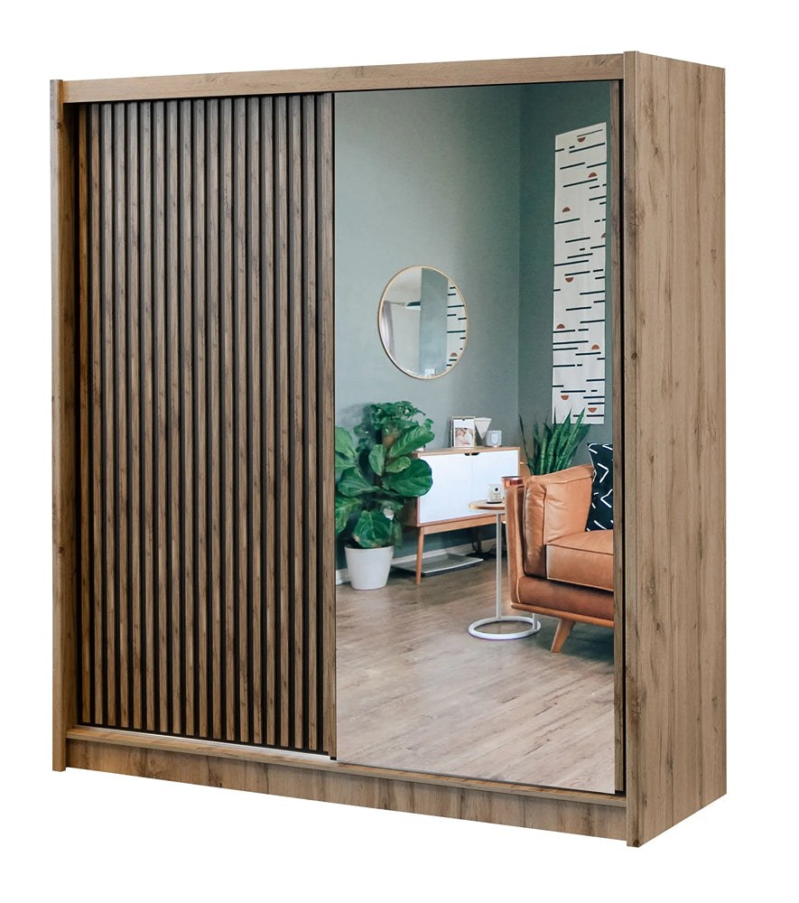 London 203cm Oak Wotan / Black Matt mirrored sliding wardrobe shown from an angle