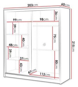 London 203cm wardrobe dimension drawing, 203cm wide, 60cm deep, 215cm high, with shelf sizes