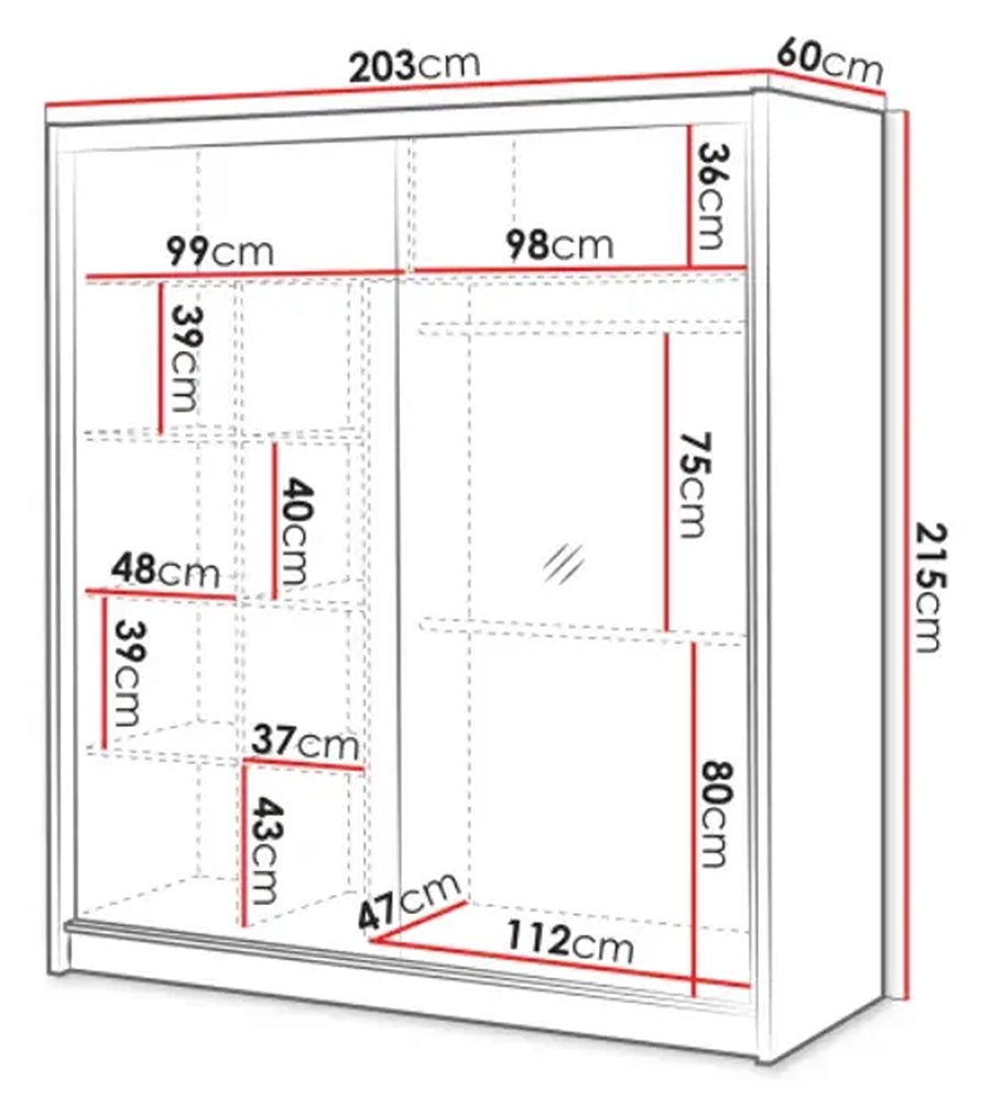 London 203cm wardrobe dimension drawing, 203cm wide, 60cm deep, 215cm high, with shelf sizes