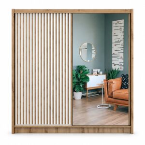 London 203cm sliding wardrobe front in Oak Wotan / White Matt with white slatted door and mirror