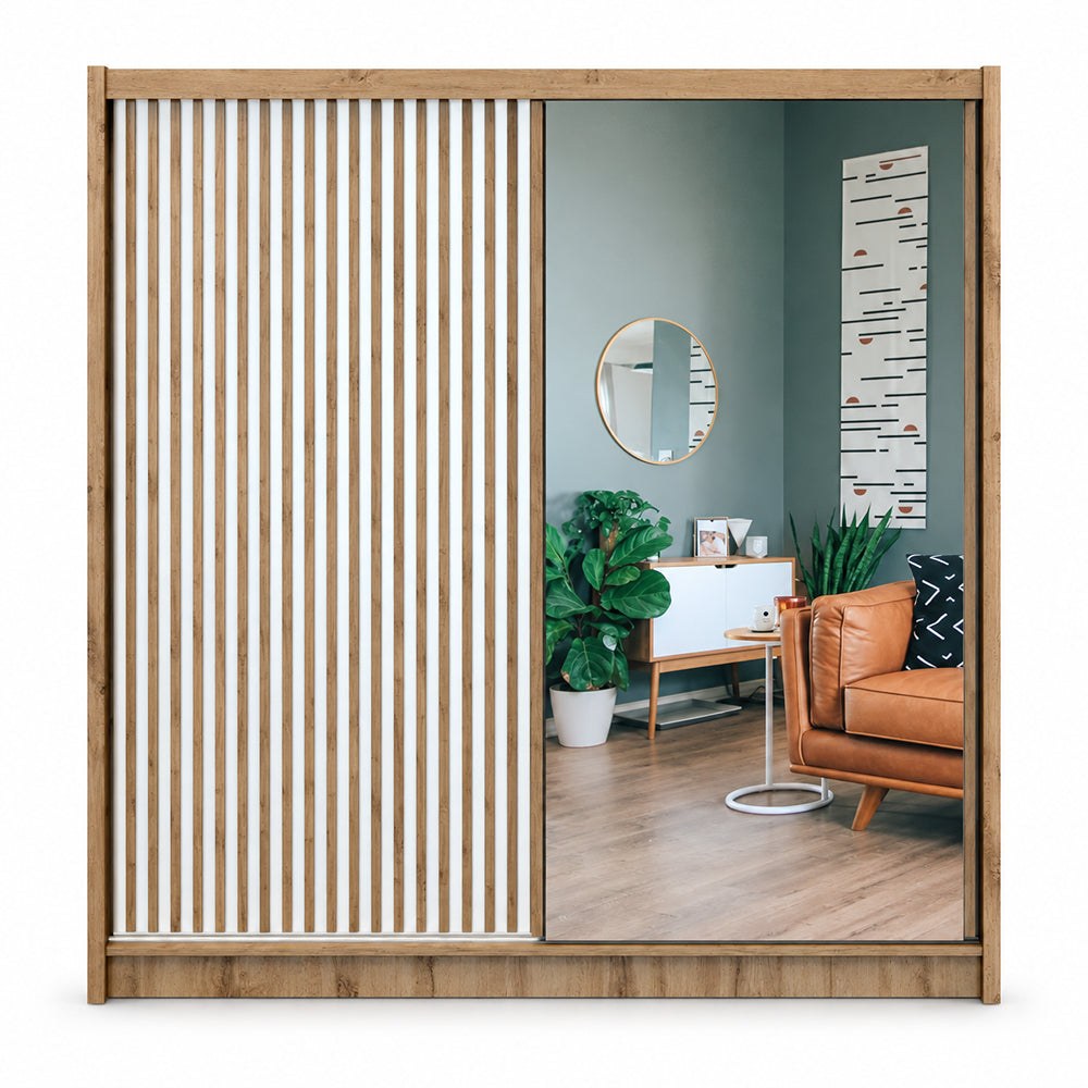 London 203cm sliding wardrobe front in Oak Wotan / White Matt with white slatted door and mirror