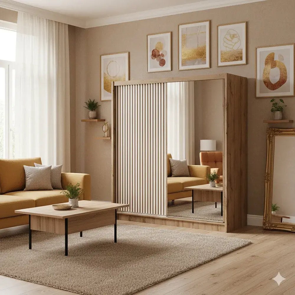 London 203cm mirrored sliding wardrobe in Oak Wotan / White Matt in a warm-toned living room