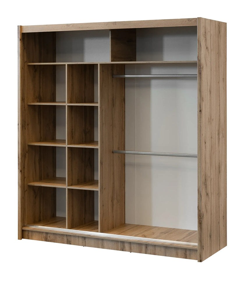London 203cm Oak Wotan wardrobe interior with shelves and double hanging rails