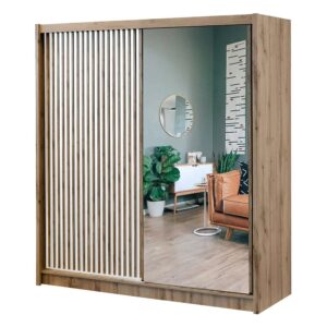 London 203cm Oak Wotan / White Matt mirrored sliding wardrobe shown from an angle