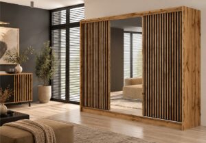 London 250cm 3 door mirrored sliding wardrobe in Oak Wotan / Black Matt in a living room