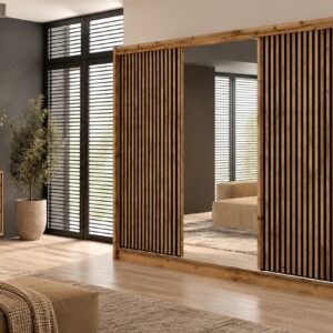 London 250cm 3 door mirrored sliding wardrobe in Oak Wotan / Black Matt in a living room