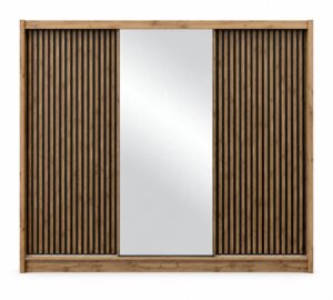 London 250cm wardrobe front with two black slatted doors and a mirrored centre door