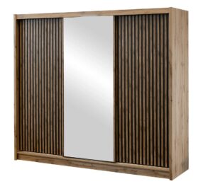 London 250cm Oak Wotan / Black Matt mirrored sliding wardrobe shown from an angle