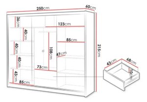 London 250cm wardrobe dimension drawing, 250cm wide, 60cm deep, 215cm high, with drawer size