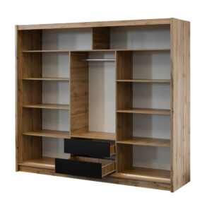 London 250cm wardrobe without doors showing side shelves, centre rail and two black drawers