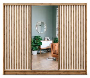 London 250cm wardrobe front with two white slatted doors and a mirrored centre door