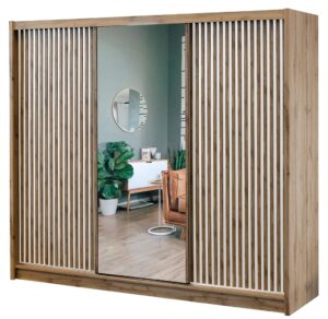 London 250cm Oak Wotan / White Matt mirrored sliding wardrobe shown from an angle