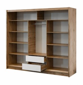London 250cm wardrobe interior with open shelves each side, centre rail and two white drawers