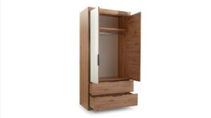 Mallorca 2 door wardrobe in Oak Artisan with doors open and drawers pulled out