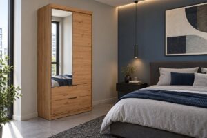 Mallorca 103cm wardrobe in Oak Artisan with mirror door and two drawers beside a bed