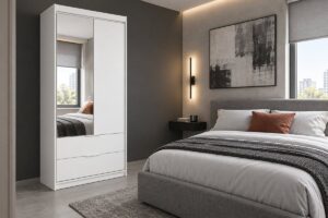 Mallorca 103cm wardrobe in White Matt with a mirrored door and two drawers in a modern bedroom