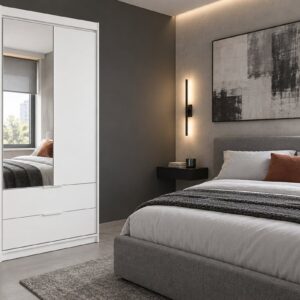 Mallorca 103cm wardrobe in White Matt with a mirrored door and two drawers in a modern bedroom