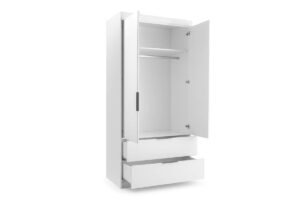 Mallorca 2 door wardrobe in White Matt with doors open showing hanging rail, shelf and drawers