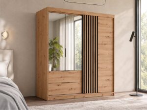 Mallorca 203cm wardrobe in Oak Artisan with mirrored doors, two drawers and black slatted panel in a bedroom