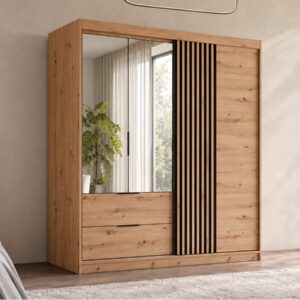 Mallorca 203cm wardrobe in Oak Artisan with mirrored doors, two drawers and black slatted panel in a bedroom