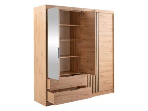 Mallorca 203cm wardrobe in Oak Artisan with mirrored door open showing shelves and drawers