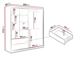 Dimension drawing of the Mallorca 203cm wardrobe: 203cm wide, 60cm deep, 215cm high with internal measurements