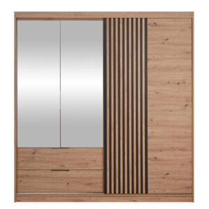 Front view of the Mallorca 203cm wardrobe in Oak Artisan with black vertical slats