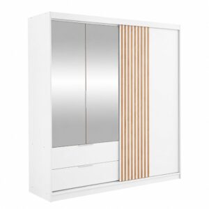 Mallorca 203cm wardrobe in White Matt with two mirrored doors, drawers and oak-effect slatted panel