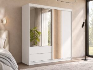 Mallorca 203cm wardrobe in White Matt with mirrored doors and oak-effect slats in a bedroom