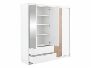 Mallorca 203cm wardrobe in White Matt with mirrored door open showing shelves and drawers