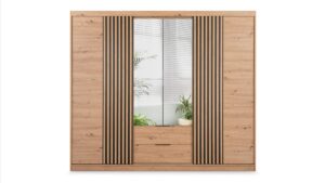 Front view of the Mallorca 250cm wardrobe in Oak Artisan with mirror and two drawers in the centre