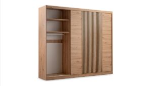 Mallorca 250cm wardrobe in Oak Artisan with a sliding section open showing shelves