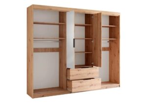 Mallorca 250cm wardrobe in Oak Artisan fully open showing hanging rails, shelves and two drawers