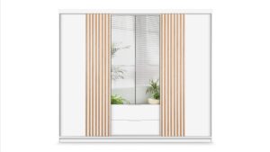 Front view of the Mallorca 250cm wardrobe in White Matt with oak-effect slats and centre mirror