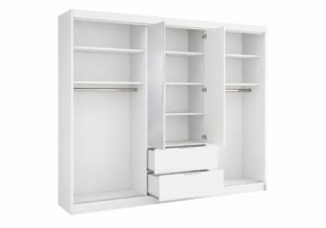 Mallorca 250cm wardrobe in White Matt fully open showing hanging rails, shelves and drawers