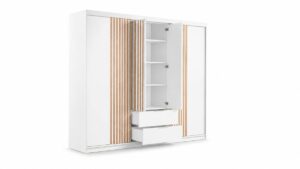 Mallorca 250cm wardrobe in White Matt with centre doors open and drawers pulled out