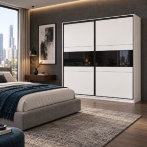 Manhattan Sliding Door Wardrobe 226cm with Black Glass Band in a modern bedroom, doors closed