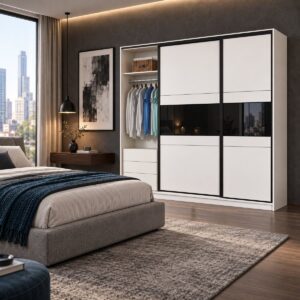 Manhattan Sliding Door Wardrobe 226cm with Black Glass Band in a modern bedroom with one door open showing hanging clothes