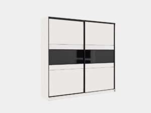 Manhattan Sliding Door Wardrobe 226cm with Black Glass Band angled view showing the black frame and black glass band