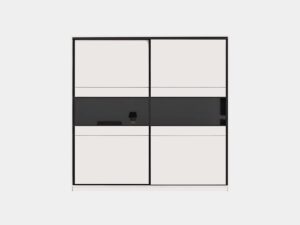 Manhattan Sliding Door Wardrobe 226cm with Black Glass Band front view, doors closed