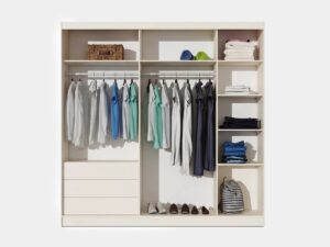 Manhattan Sliding Door Wardrobe 226cm with Black Glass Band interior with two hanging sections, three drawers and a shelf column