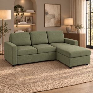 Maxwell corner sofa bed in Dionysus moss green chenille with right-hand chaise in a living room