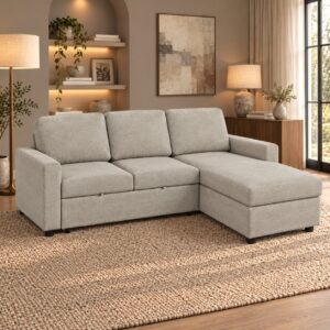 Maxwell corner sofa bed in Dionysus taupe chenille with right-hand chaise in a warm living room