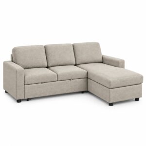 Maxwell corner sofa bed in taupe chenille, three seats and chaise, front three-quarter view