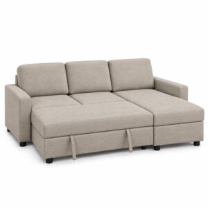 Maxwell corner sofa bed in taupe chenille with the pull-out bed platform extended level with the chaise